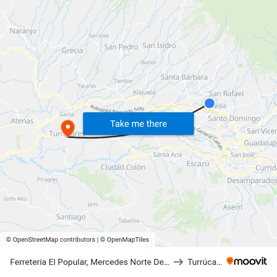 Ferretería El Popular, Mercedes Norte De Heredia to Turrúcares map