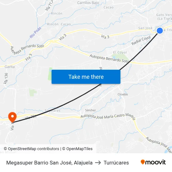 Megasuper Barrio San José, Alajuela to Turrúcares map