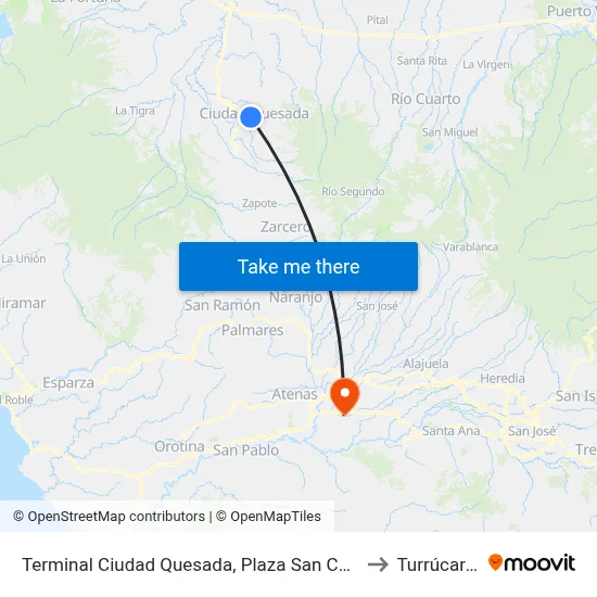 Terminal Ciudad Quesada, Plaza San Carlos to Turrúcares map