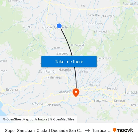 Super San Juan, Ciudad Quesada San Carlos to Turrúcares map