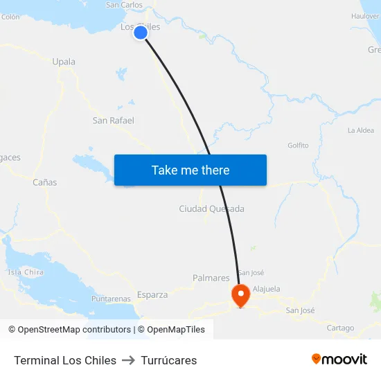 Terminal Los Chiles to Turrúcares map