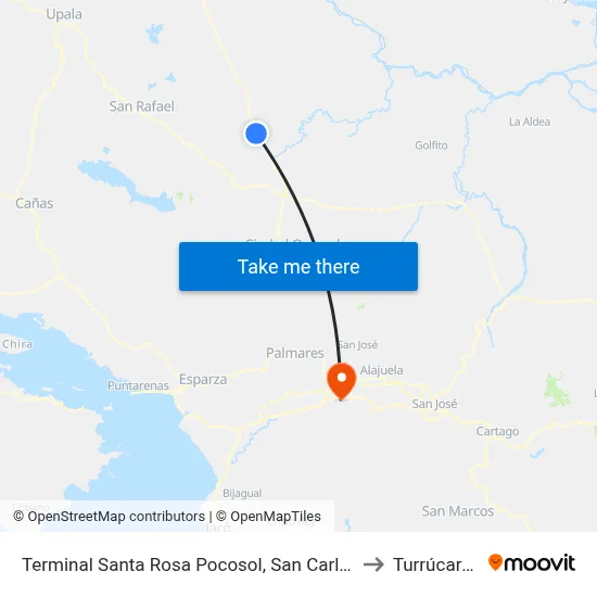 Terminal Santa Rosa Pocosol, San Carlos to Turrúcares map