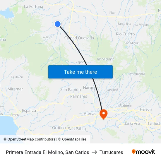 Primera Entrada El Molino, San Carlos to Turrúcares map