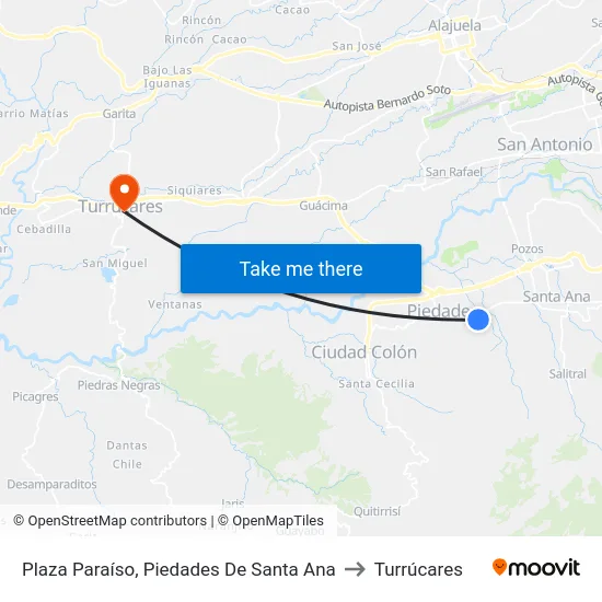 Plaza Paraíso, Piedades De Santa Ana to Turrúcares map