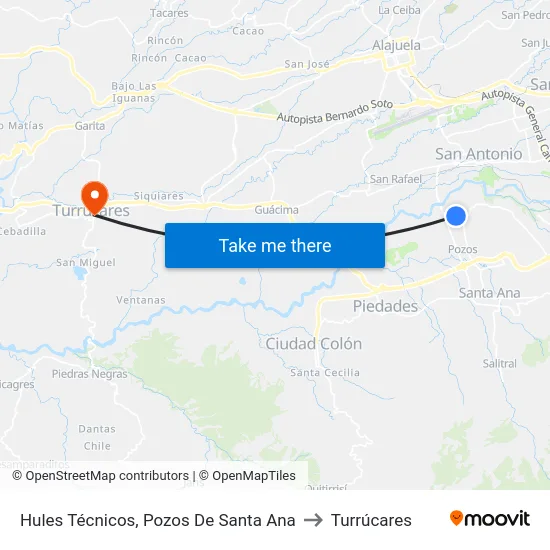 Hules Técnicos, Pozos De Santa Ana to Turrúcares map