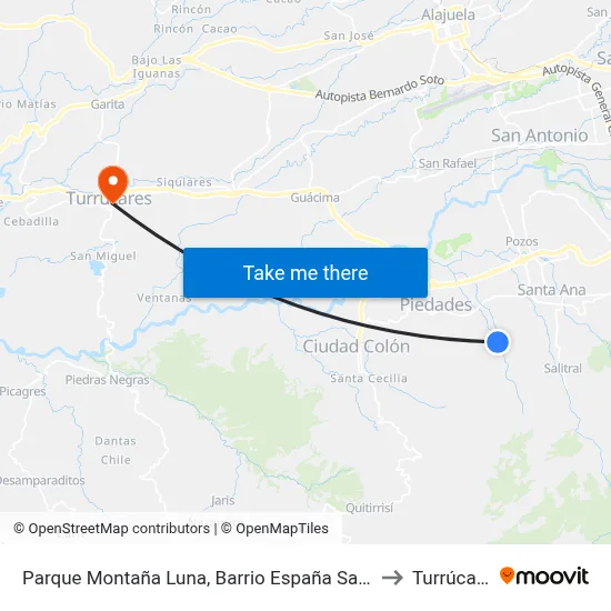 Parque Montaña Luna, Barrio España Santa Ana to Turrúcares map