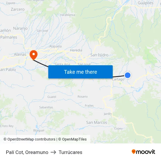 Palí Cot, Oreamuno to Turrúcares map