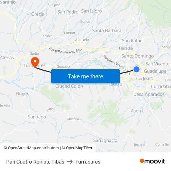 Palí Cuatro Reinas, Tibás to Turrúcares map