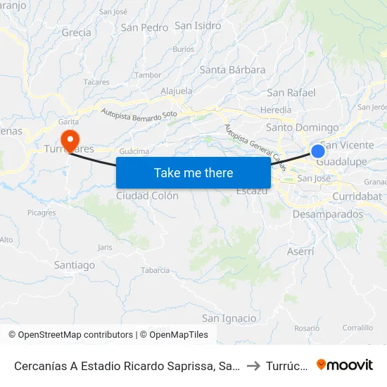 Cercanías A Estadio Ricardo Saprissa, San Juan Tibás to Turrúcares map