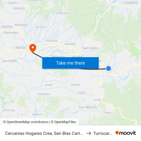 Cercanías Hogares Crea, San Blas Cartago to Turrúcares map