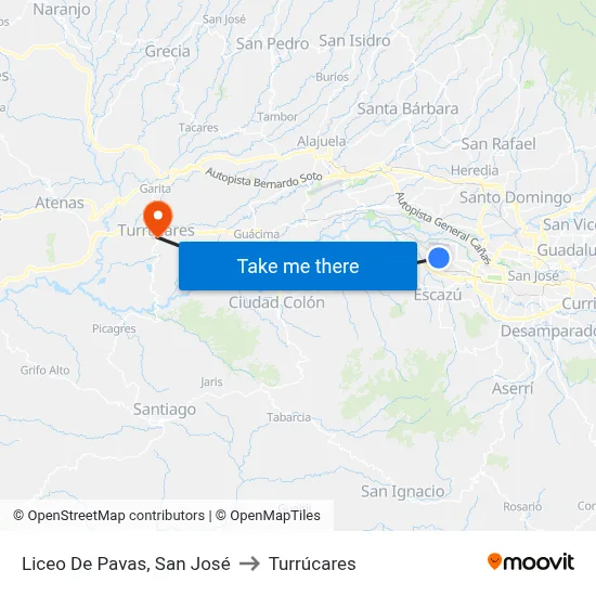 Liceo De Pavas, San José to Turrúcares map