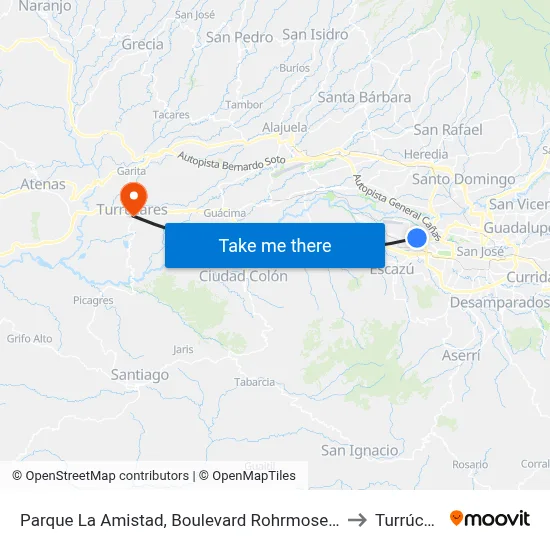 Parque La Amistad, Boulevard Rohrmoser San José to Turrúcares map