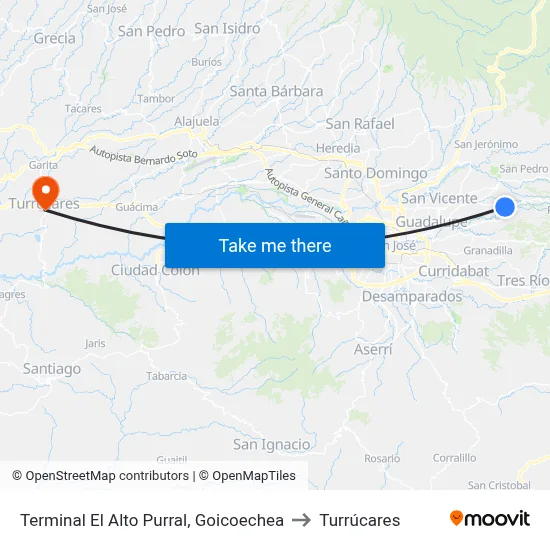 Terminal El Alto Purral, Goicoechea to Turrúcares map