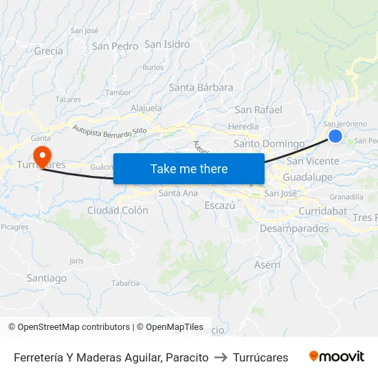 Ferretería Y Maderas Aguilar, Paracito to Turrúcares map