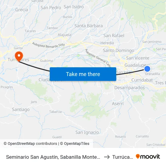Seminario San Agustín, Sabanilla Montes De Oca to Turrúcares map