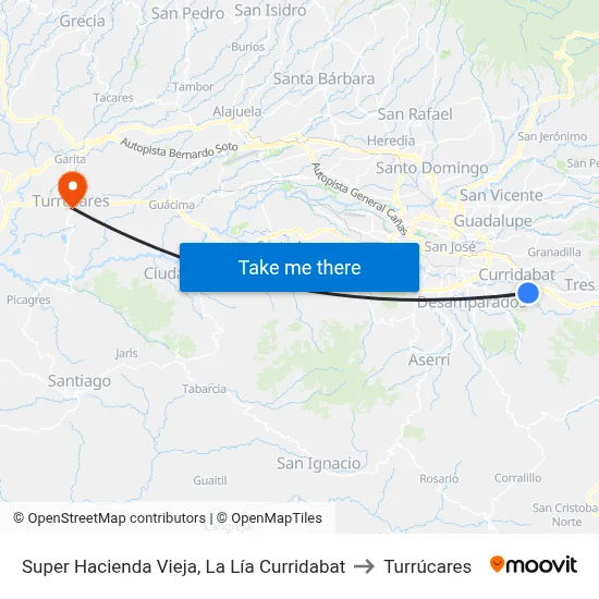Super Hacienda Vieja, La Lía Curridabat to Turrúcares map