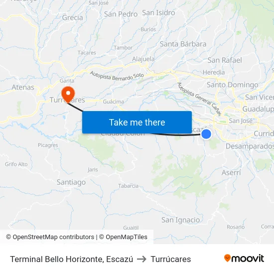 Terminal Bello Horizonte, Escazú to Turrúcares map