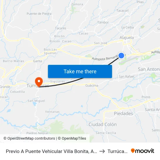 Previo A Puente Vehicular Villa Bonita, Alajuela to Turrúcares map