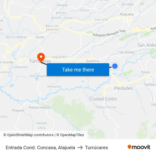 Entrada Cond. Concasa, Alajuela to Turrúcares map