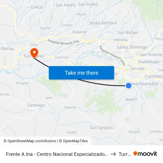 Frente A Ina - Centro Nacional Especializado En Procesos Artesanal, Chorotega Alajuelita to Turrúcares map