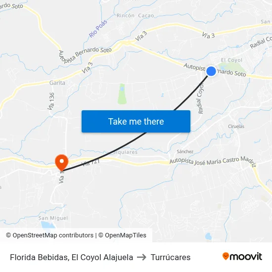 Florida Bebidas, El Coyol Alajuela to Turrúcares map