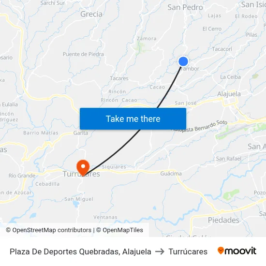 Plaza De Deportes Quebradas, Alajuela to Turrúcares map