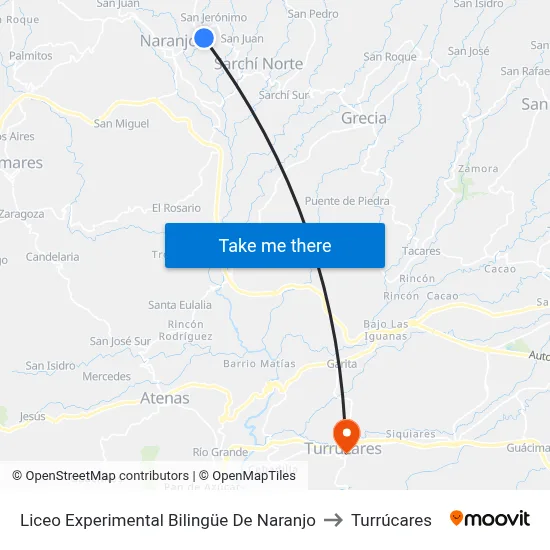 Liceo Experimental Bilingüe De Naranjo to Turrúcares map