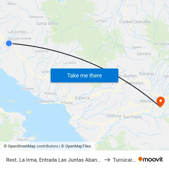 Rest. La Irma, Entrada Las Juntas Abangares to Turrúcares map