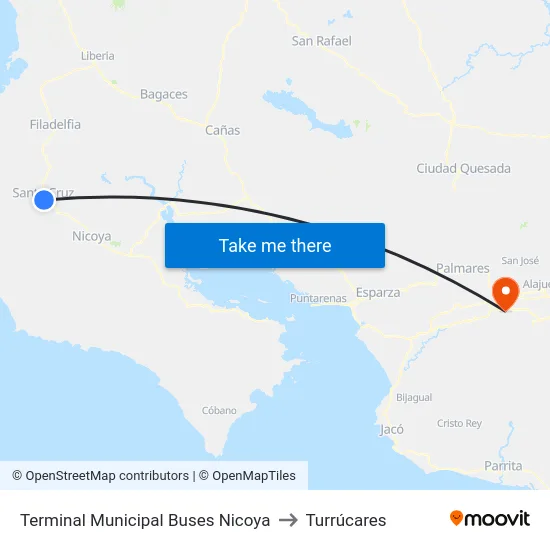 Terminal Municipal Buses Nicoya to Turrúcares map