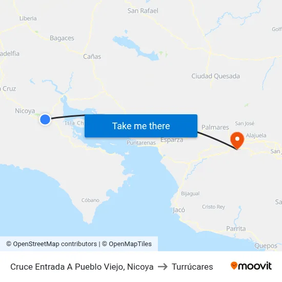 Cruce Entrada A Pueblo Viejo, Nicoya to Turrúcares map