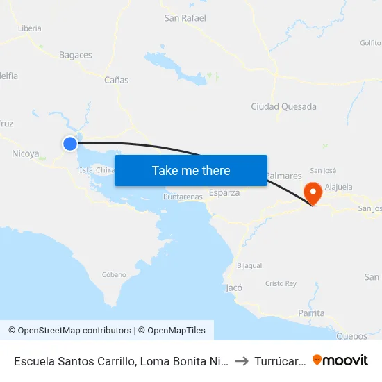 Escuela Santos Carrillo, Loma Bonita Nicoya to Turrúcares map