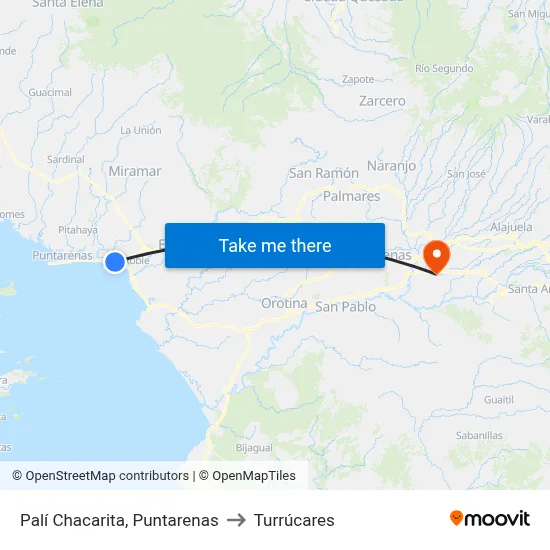 Palí Chacarita, Puntarenas to Turrúcares map