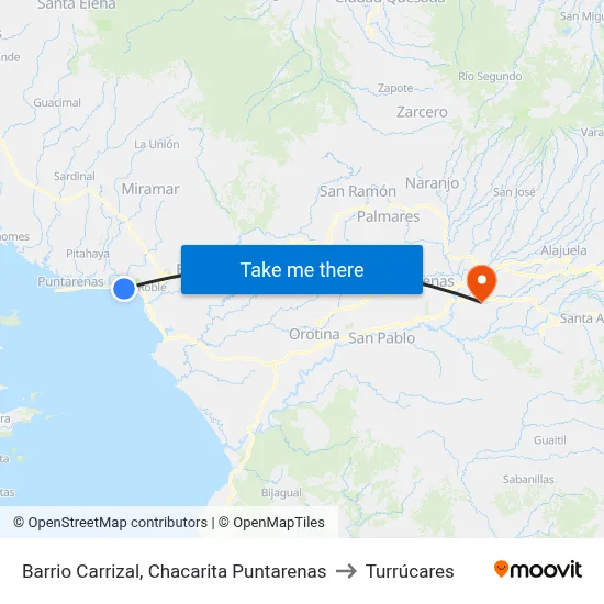 Barrio Carrizal, Chacarita Puntarenas to Turrúcares map