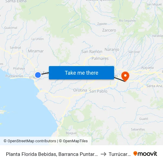 Planta Florida Bebidas, Barranca Puntarenas to Turrúcares map