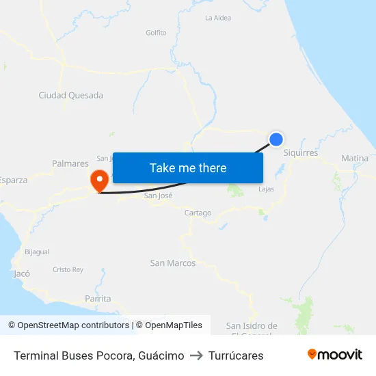 Terminal Buses Pocora, Guácimo to Turrúcares map
