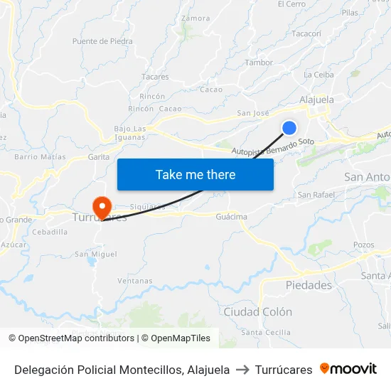 Delegación Policial Montecillos, Alajuela to Turrúcares map