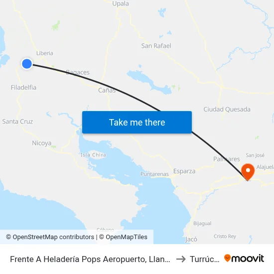 Frente A Heladería Pops Aeropuerto, Llano Grande Liberia to Turrúcares map