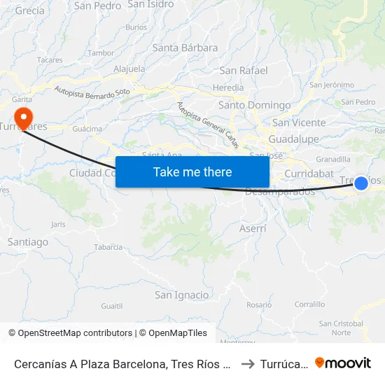 Cercanías A Plaza Barcelona, Tres Ríos La Unión to Turrúcares map