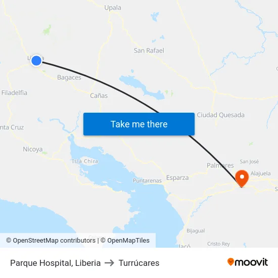 Parque Hospital, Liberia to Turrúcares map