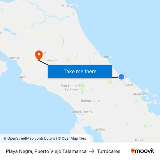 Playa Negra, Puerto Viejo Talamanca to Turrúcares map