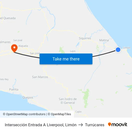 Intersección Entrada A Liverpool, Limón to Turrúcares map