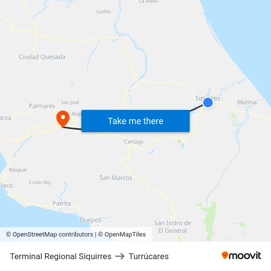 Terminal Regional Siquirres to Turrúcares map