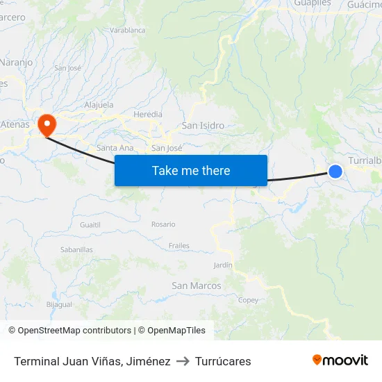 Terminal Juan Viñas, Jiménez to Turrúcares map