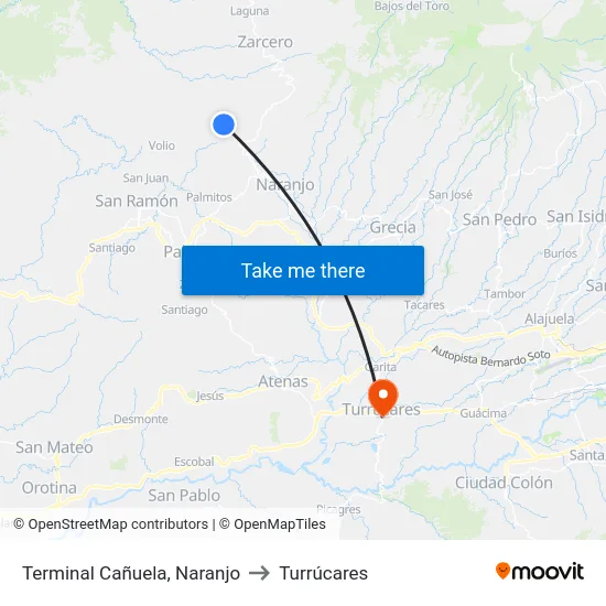 Terminal Cañuela, Naranjo to Turrúcares map