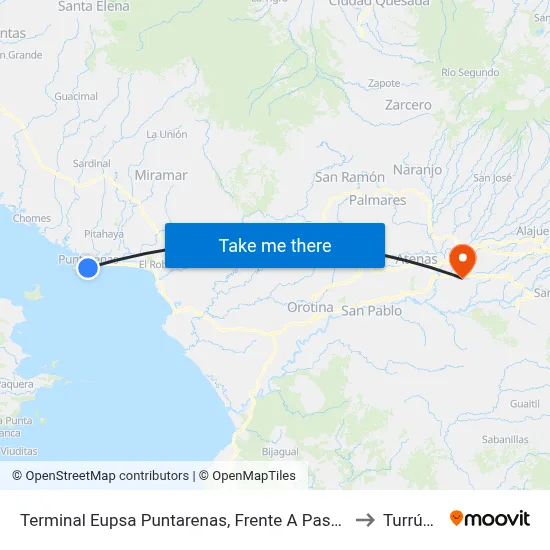 Terminal Eupsa Puntarenas, Frente A Paseo De Los Turistas to Turrúcares map