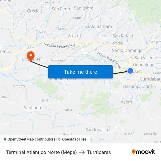 Terminal Atlántico Norte (Mepe) to Turrúcares map