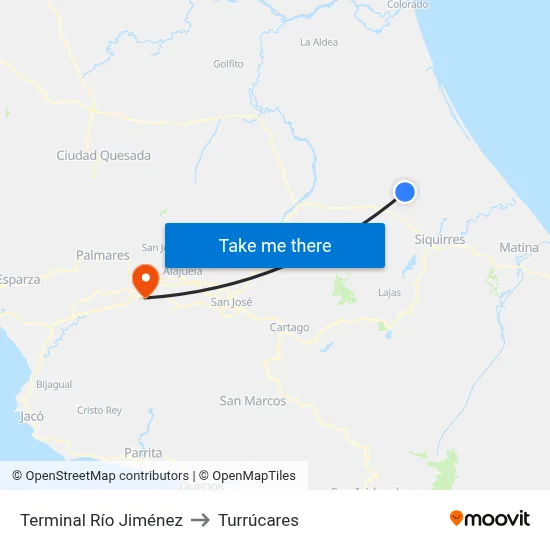 Terminal Río Jiménez to Turrúcares map