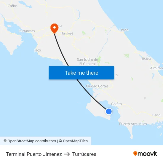 Terminal Puerto Jimenez to Turrúcares map