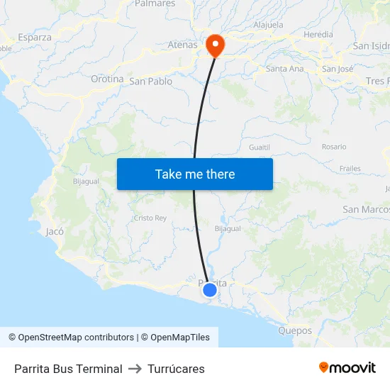 Parrita Bus Terminal to Turrúcares map