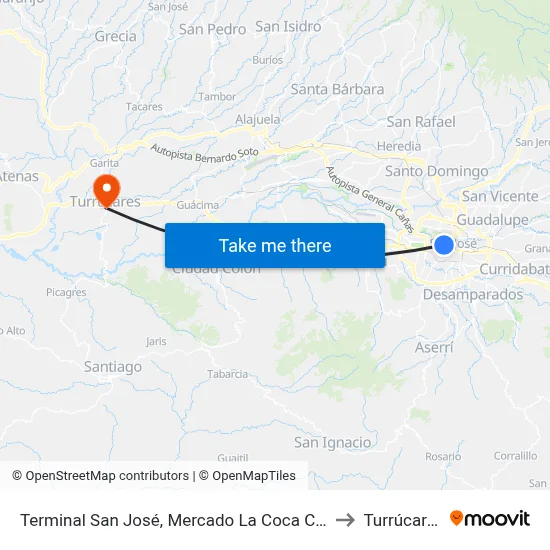 Terminal San José, Mercado La Coca Cola to Turrúcares map